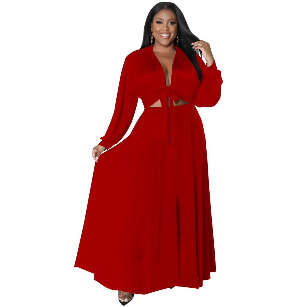 Red Lace-Up Long Sleeve Top + Swing Skirt Two Piece Set
